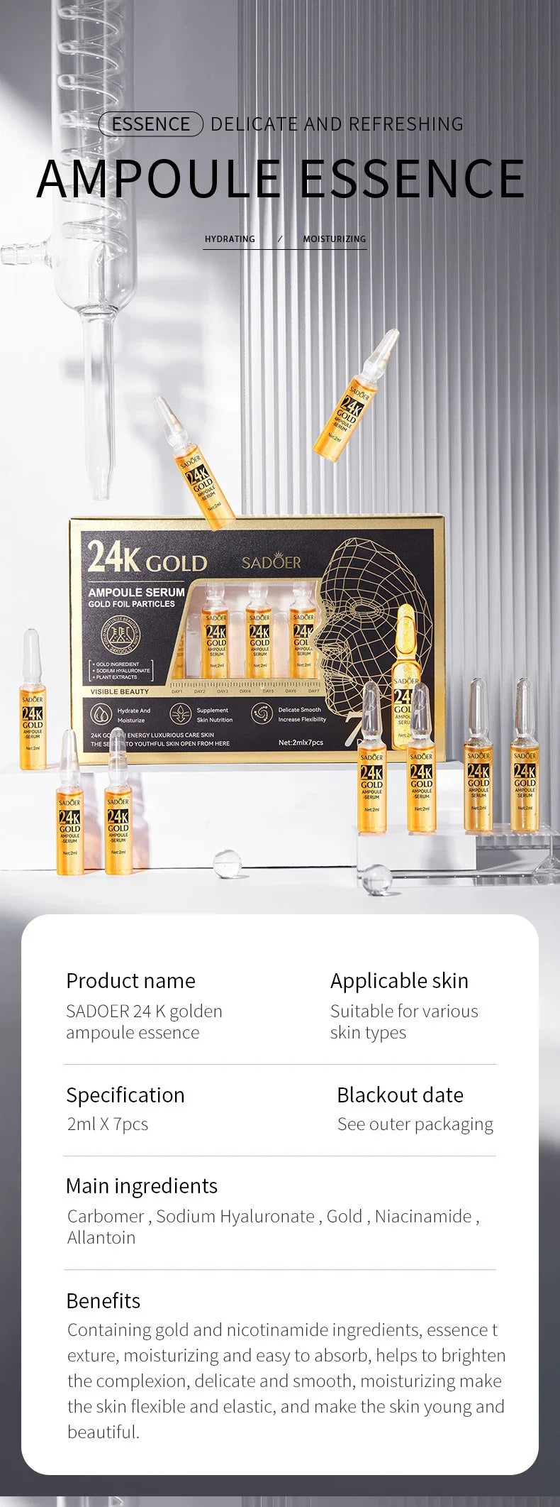 Sérum coréen à l'acide hyaluronique en or 24K, fil de protéines, remplissage de levage, fil de protéines de collagène absorbant, Essence pour le visage à la vitamine C