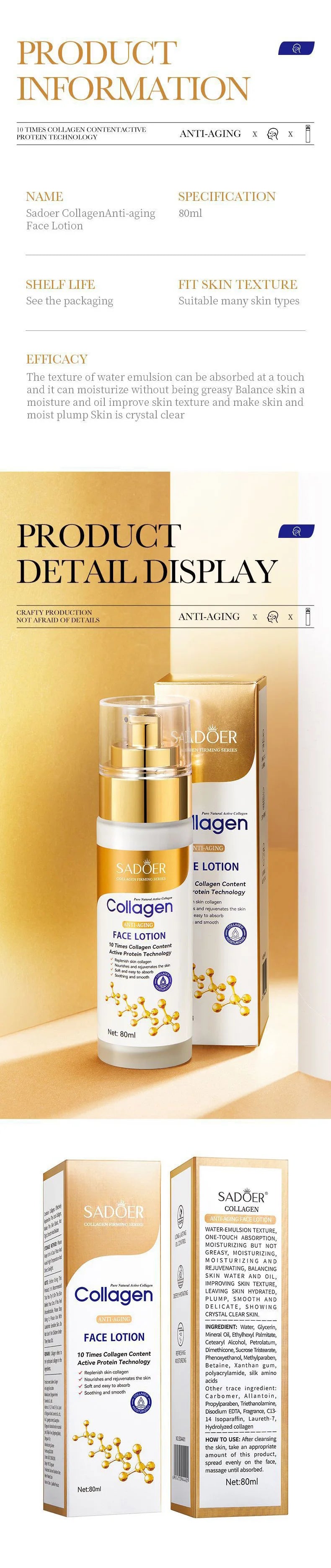 SADOER collagène sérum pour le visage Lotion hydratante émulsion pour le visage contrôle de l'huile réapprovisionnement en eau Essence pour le visage rafraîchissante