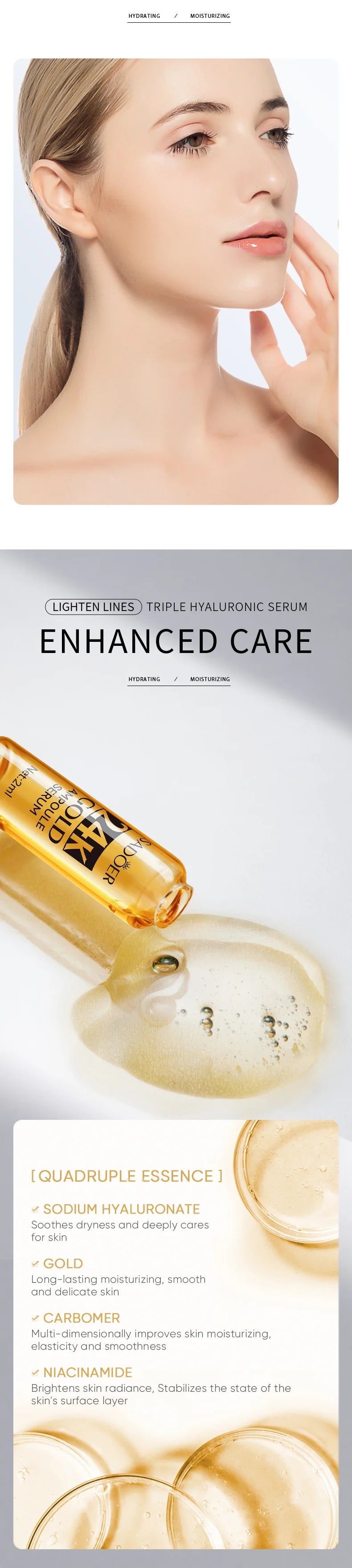 Sérum coréen à l'acide hyaluronique en or 24K, fil de protéines, remplissage de levage, fil de protéines de collagène absorbant, Essence pour le visage à la vitamine C